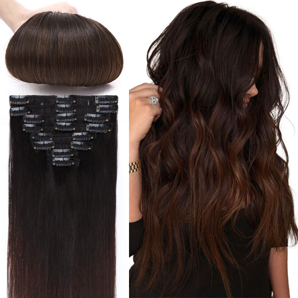 Clip-In Hair Extensions Full Head Set - Remy Human Hair, Multiple Colors & Lengths