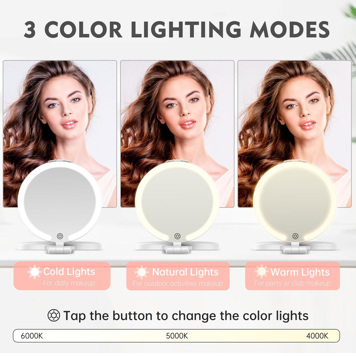 Travel Makeup Mirror with Lights and 10X Magnification - Rechargeable Portable Double-Sided Vanity Mirror, 3 Color Options