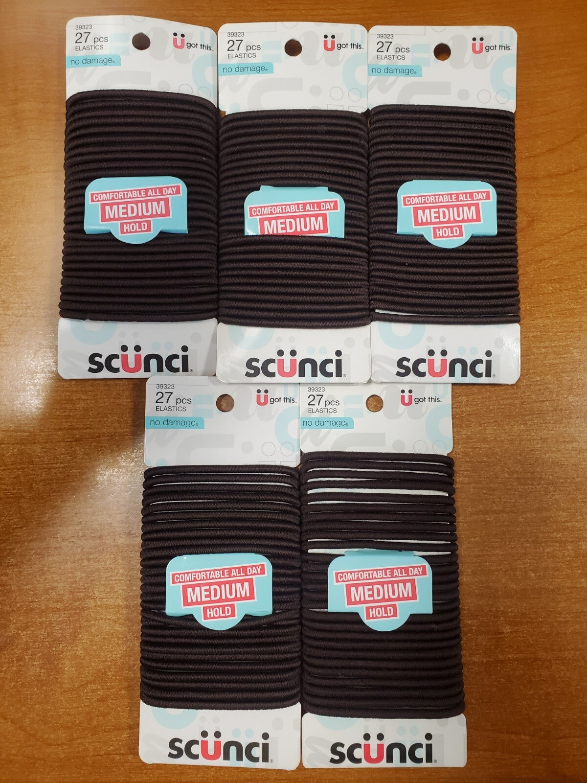 5 Packs of 27: Scunci No Damage Hair Elastics - Medium Hold Brown