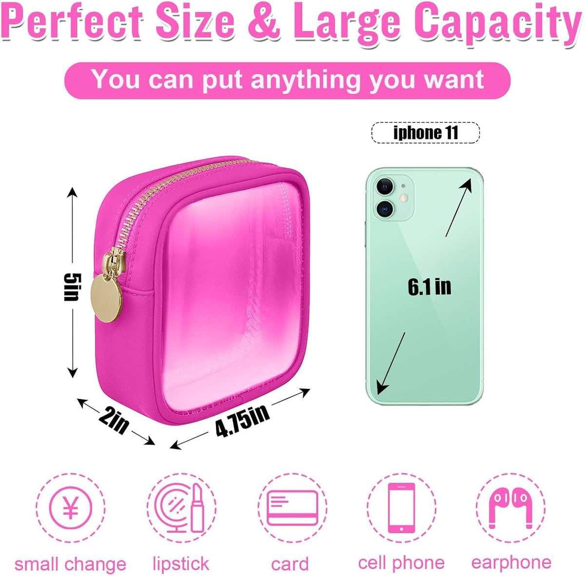 Clear Mini Travel Makeup Organizer Bag - Compact Pouch for Purse, Small Cute Preppy Cosmetic Bag