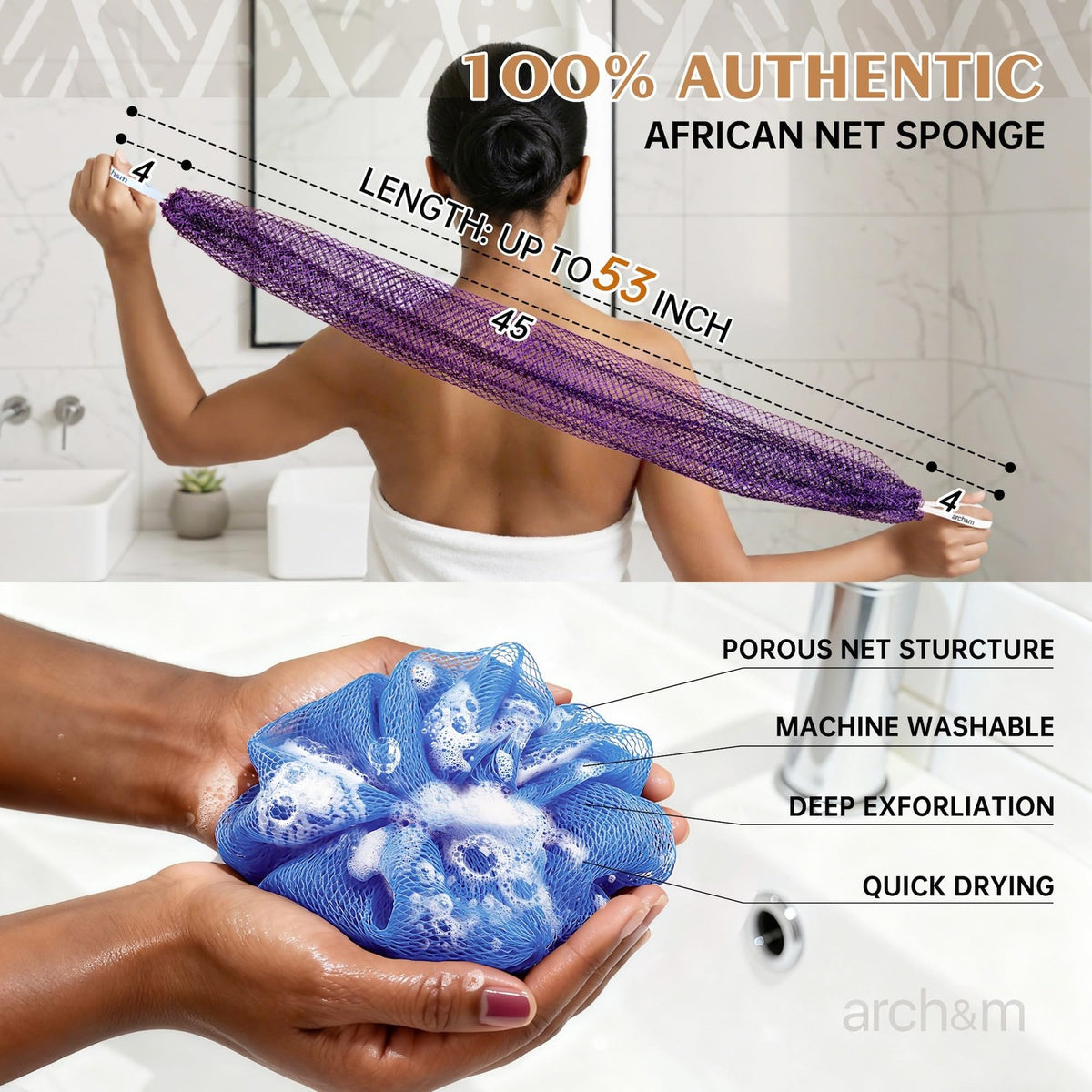 African Net Sponge for Exfoliation and Back Reach - Purple & Pink