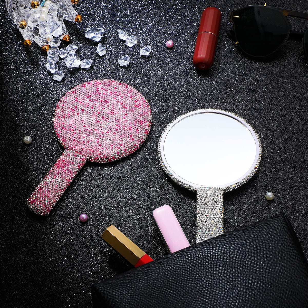 2-Piece Rhinestone Hand Mirror Set Pink White Bling Wedding Makeup Accessories
