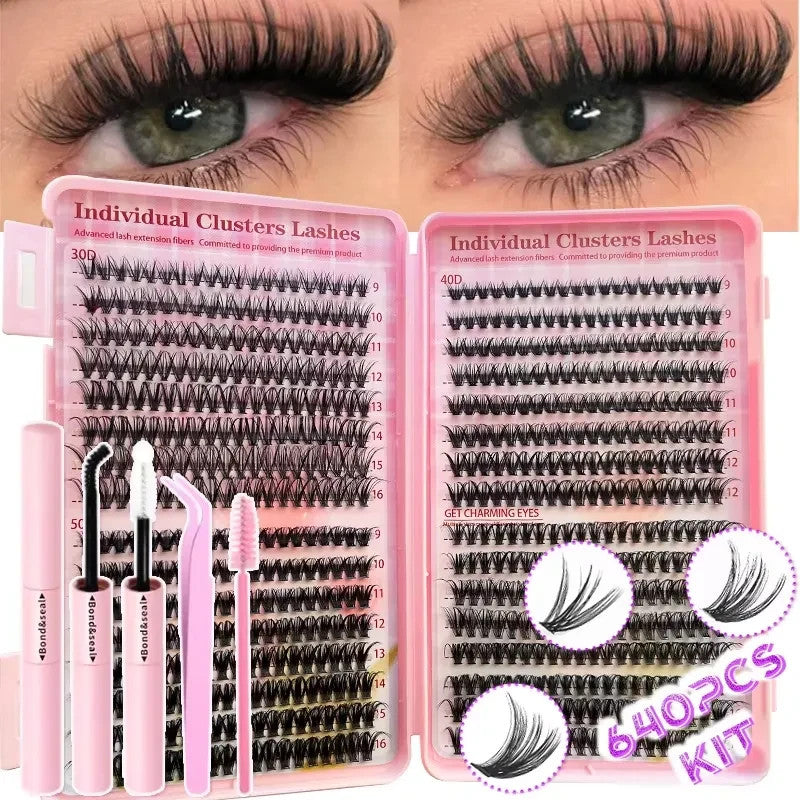 Lash Extension Kit 640Pcs DIY Individual Lash Clusters & Bond Supplies