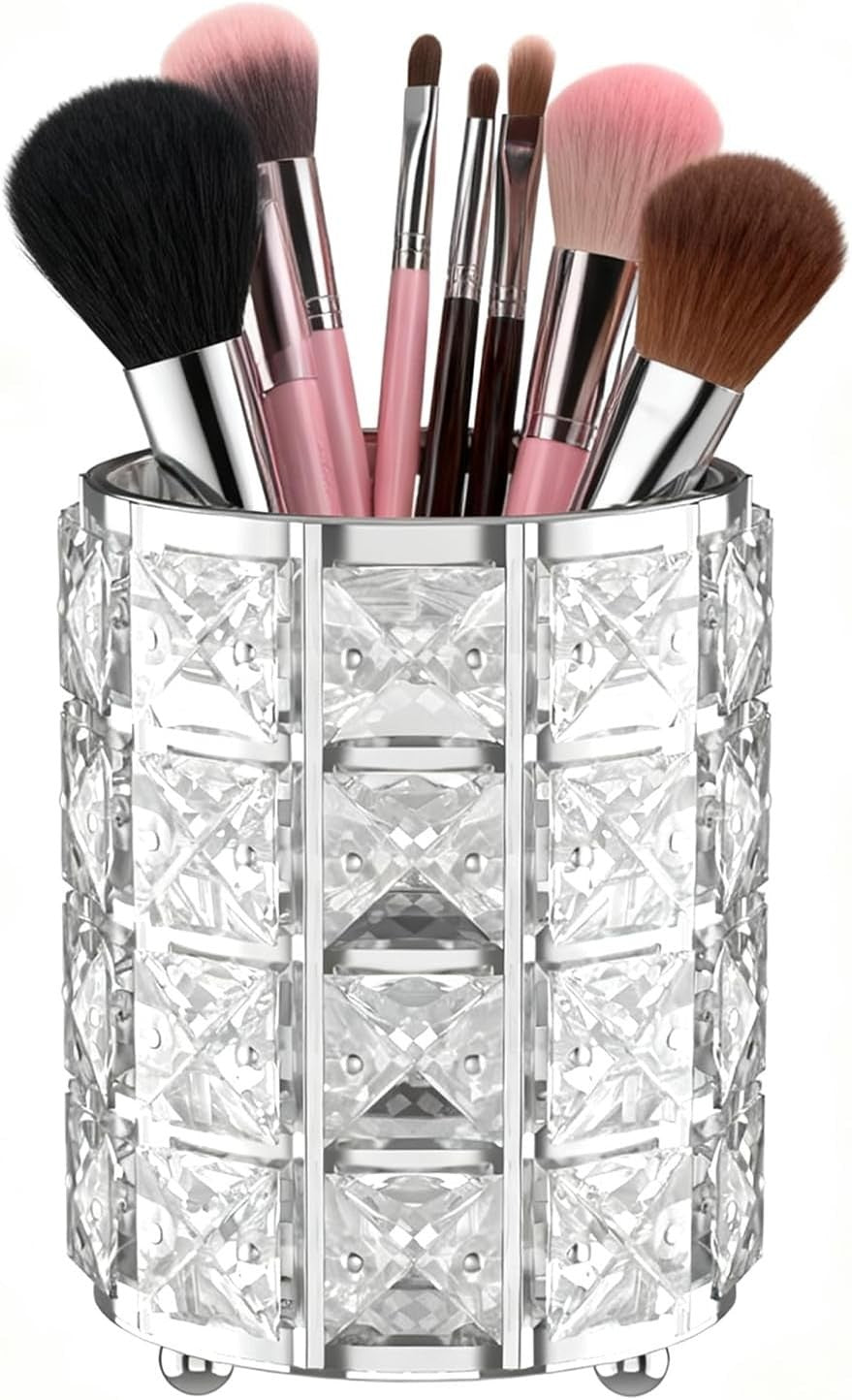 Elegant Makeup Brush Holder with Silver Crystal Bling Vanity Organizer