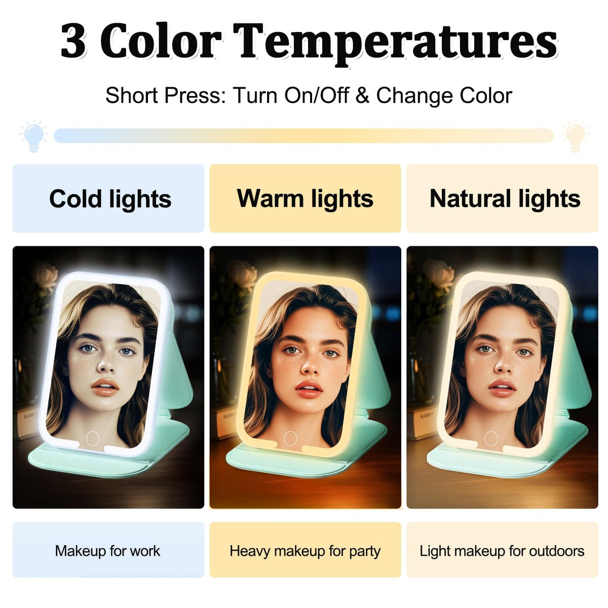 Rechargeable LED Makeup Mirror with 3 Color Touch Light Portable Vanity Light Green