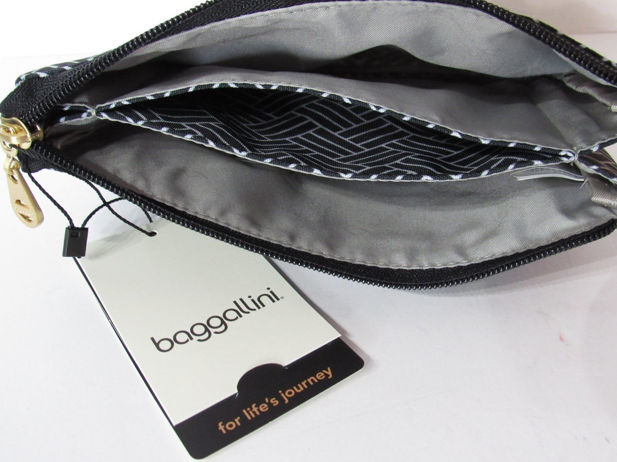 Cosmetic Bag with Multiple Compartments - Gold-Tone Hardware, Black Basket Print