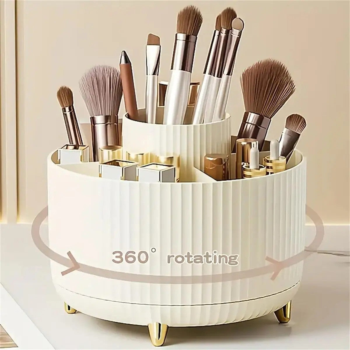Rotating Makeup Organizer with Brush Holder and Perfume Tray - Elegant Storage Solution
