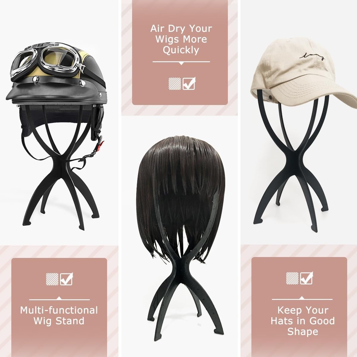 Travel Wig Stand Set - Foldable Black Wig Display & Storage Organizer