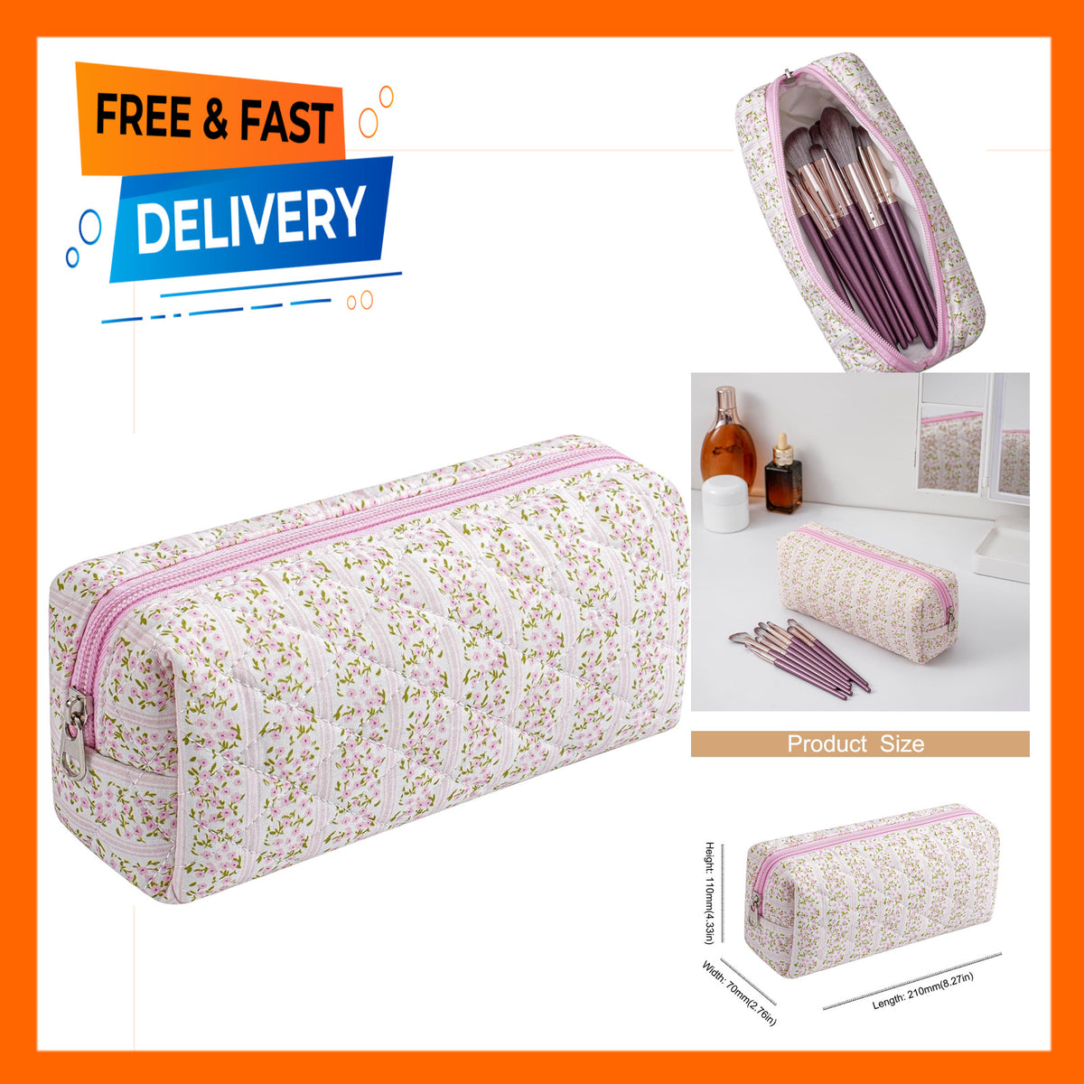 Pink Floral Cotton Makeup Bag with Brush Organizer Travel Case