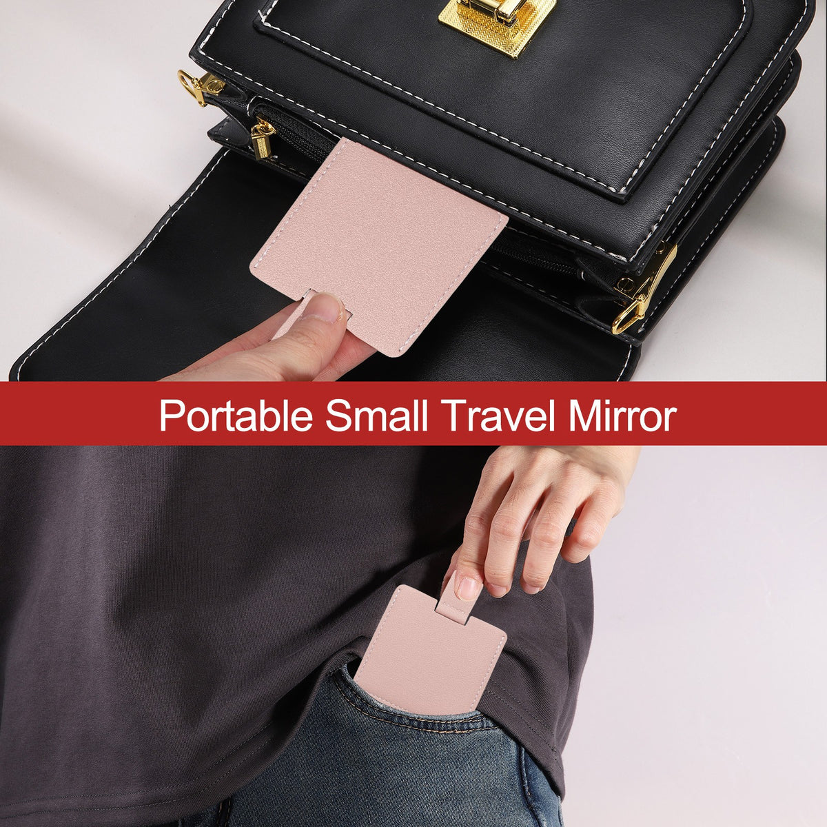 Compact Travel Mirror 2.6 Inch with PU Leather Cover - Black, Pink, Gray