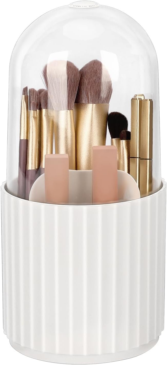 Rotating Makeup Brush Holder Organizer with Lid - 360° Spinning Cosmetics Storage