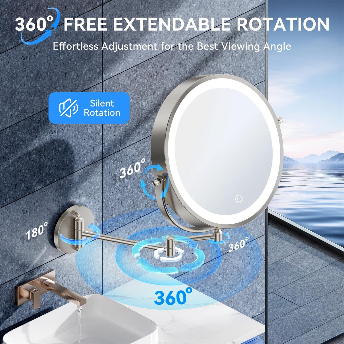 Rechargeable 9-Inch Wall Mounted Lighted Makeup Mirror with 30X Magnification, Dimmable LED, Extendable Arm
