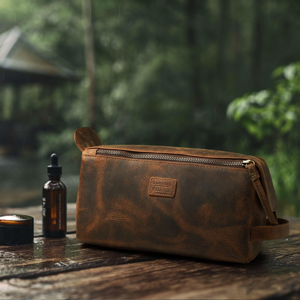 Leather Travel Toiletry Bag - Waterproof Premium Leather Organizer for Men & Women