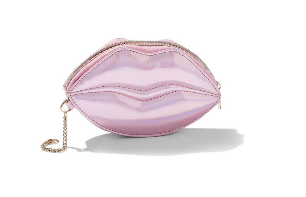 Holographic Lip-Shaped Cosmetic Bag with Chain - Pink Iridescent