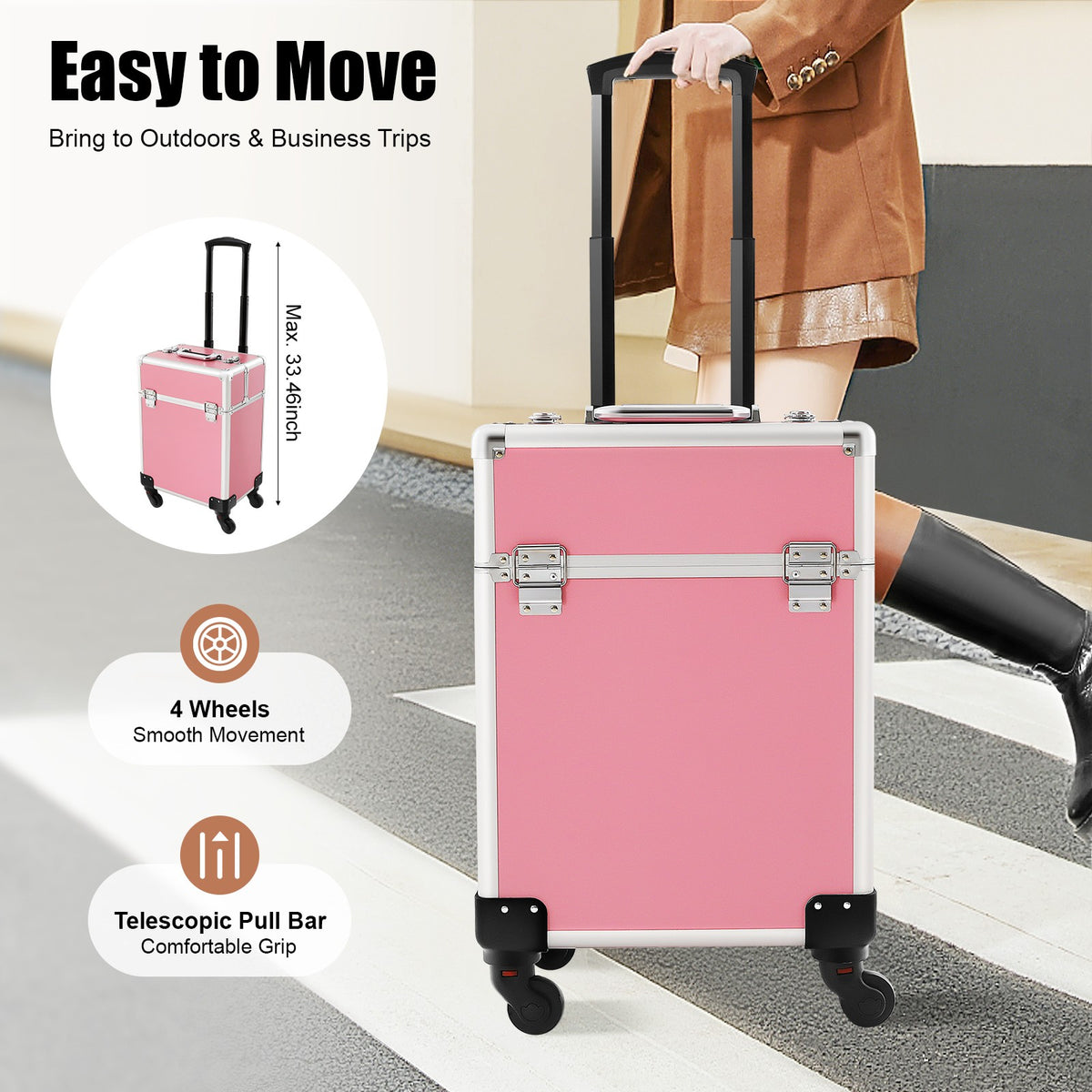 Pink Aluminum Cosmetic Train Case with Wheels & Large Storage
