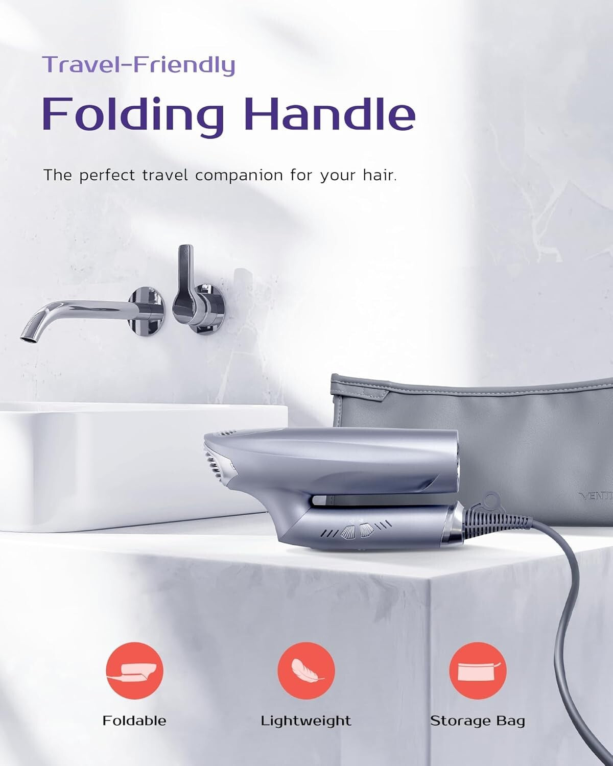 Cordless Travel Ionic Hair Dryer with Diffuser & Multiple Heat Modes