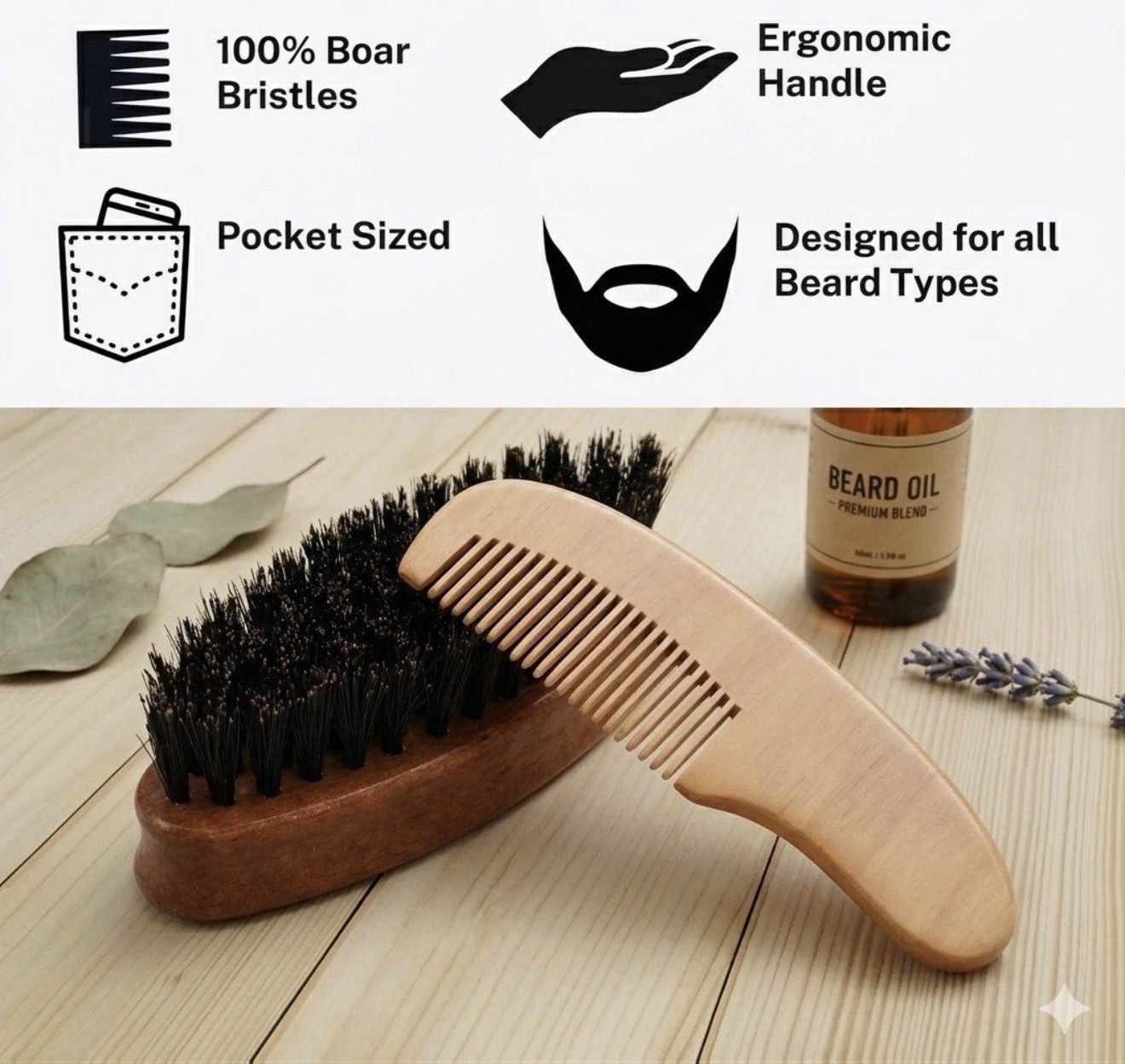 Travel Beard Brush & Comb Set - Mini Wooden Boar Bristle Grooming Kit