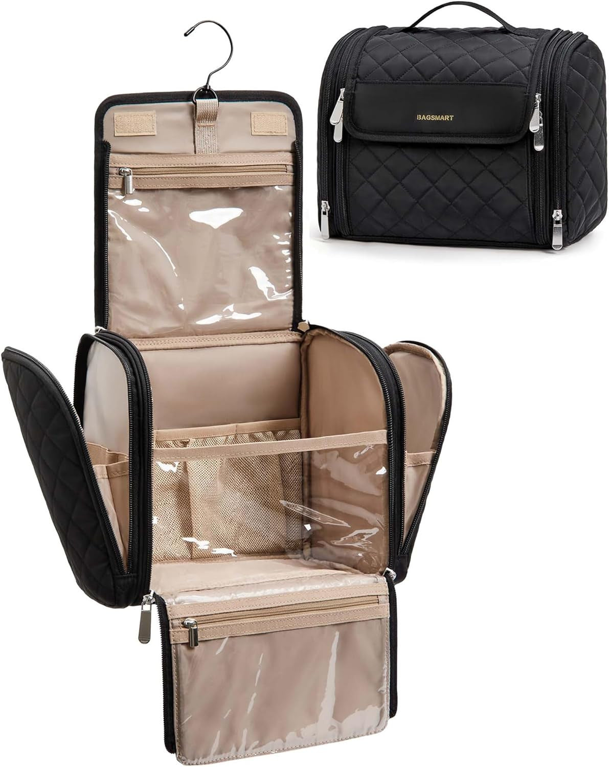 Large Capacity Hanging Makeup Bag with Travel Organizer and Clear Pockets