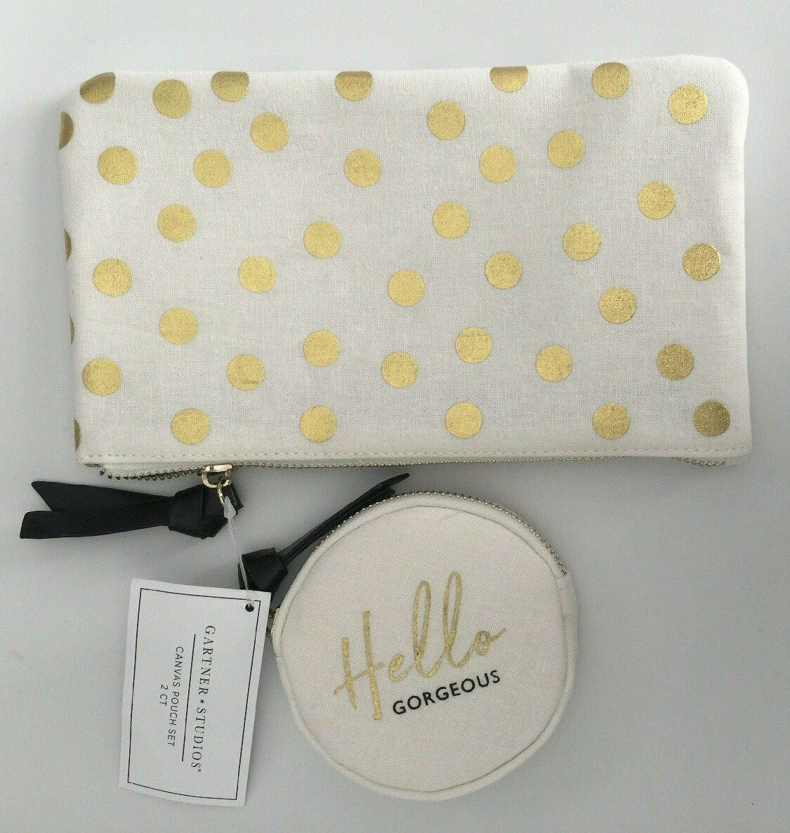 Gold Polka Dot Canvas Cosmetic Pouch Set - 2 Pieces Travel & Makeup Bag