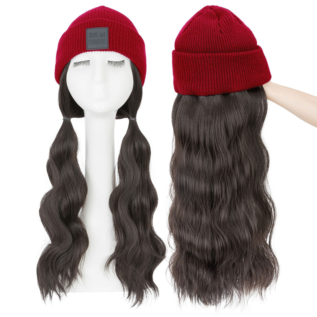 Winter Knitted Beanie Wig with Long Wavy Synthetic Hair - One Size Fits All
