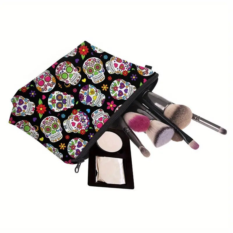 Skull Dia De Los Muertos Print Makeup Bag - Travel Essential Accessories