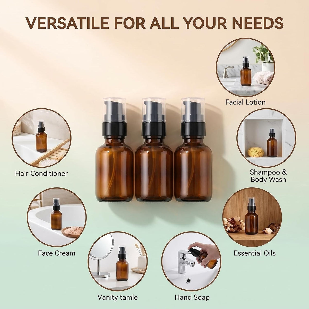 3 Pack 60ml Amber Plastic Travel Lotion Bottles with Pump Dispenser
