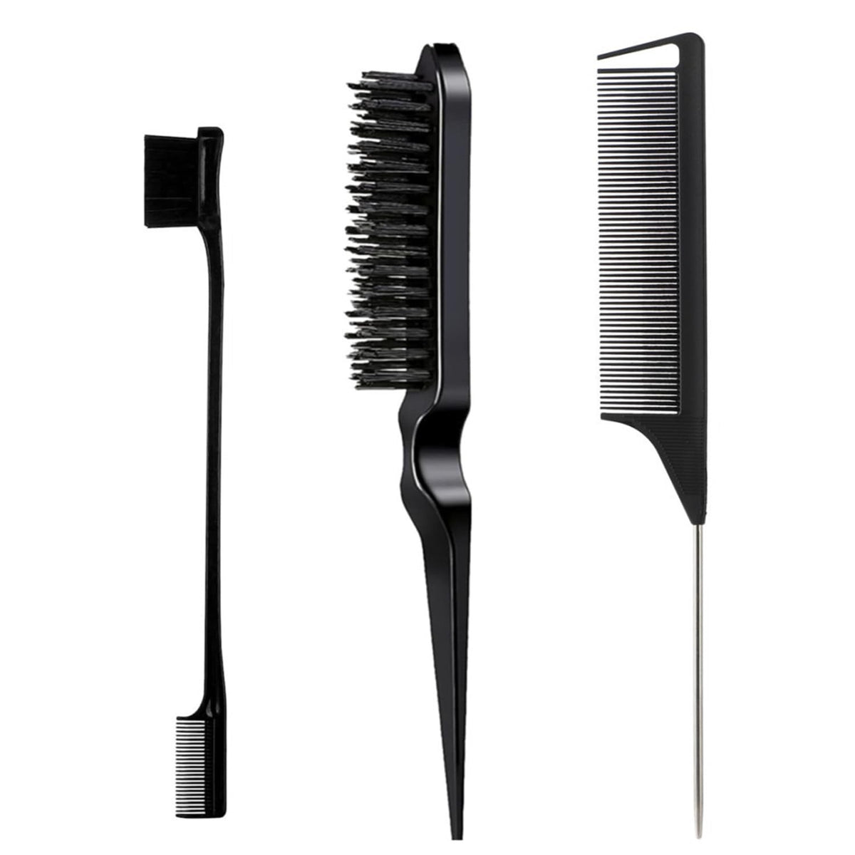 Black Comb Set with Hair Brush, Wide-Tooth Comb & Pick - Styling Kit