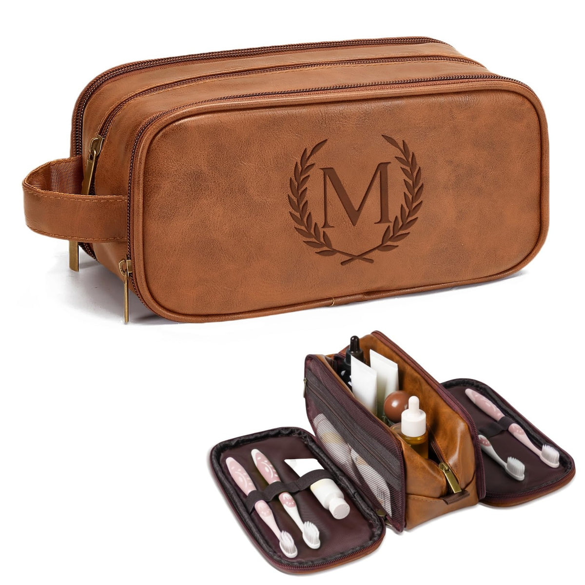 Men's Waterproof Travel Shaving & Grooming Bag with Initials - Leather Dopp Kit