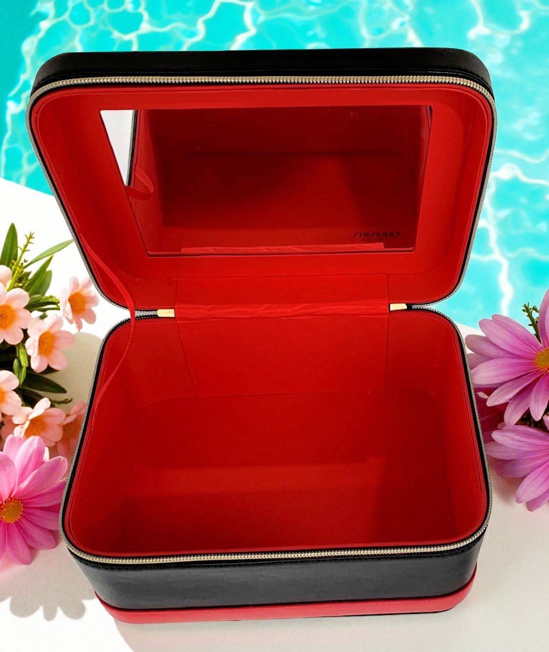 Large Leather Cosmetic Storage Box with Mirror - Black & Red Organizer
