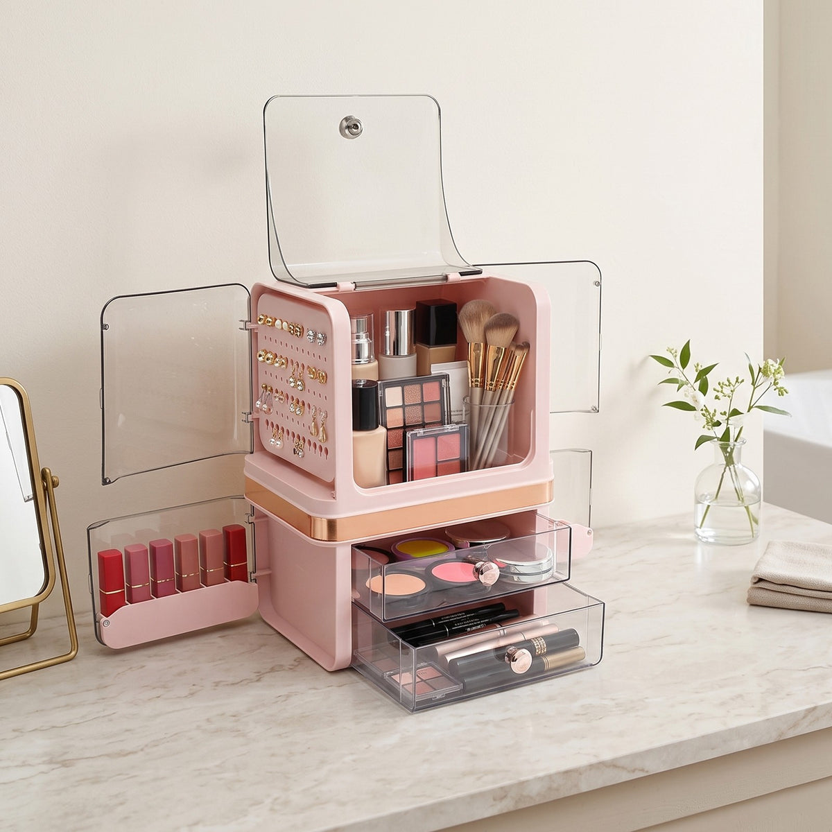 Pink Makeup Organizer with Drawers - Cosmetic Storage Box for Vanity