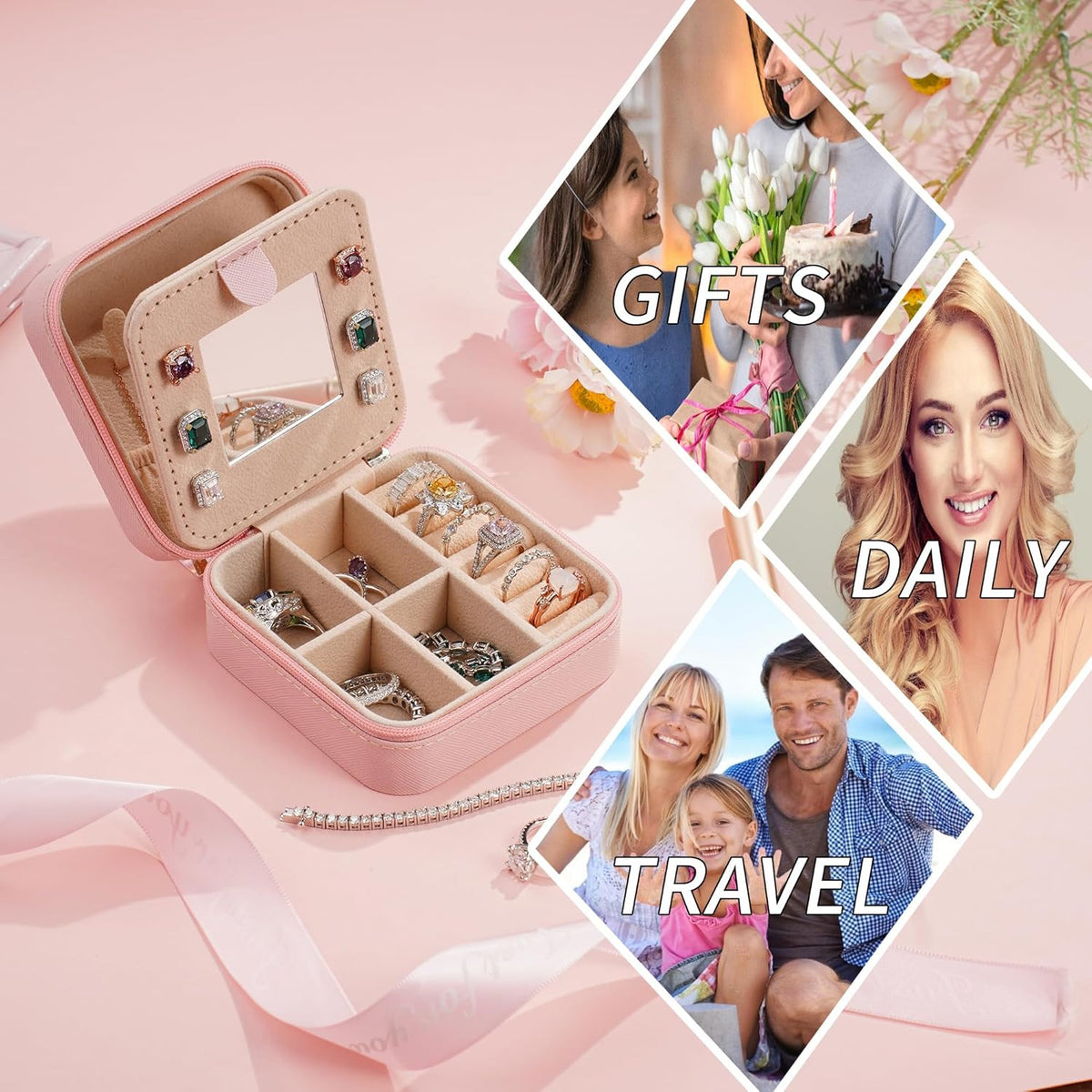 Pink Initial Jewelry Holder for Girls - Portable Leather Jewelry Box