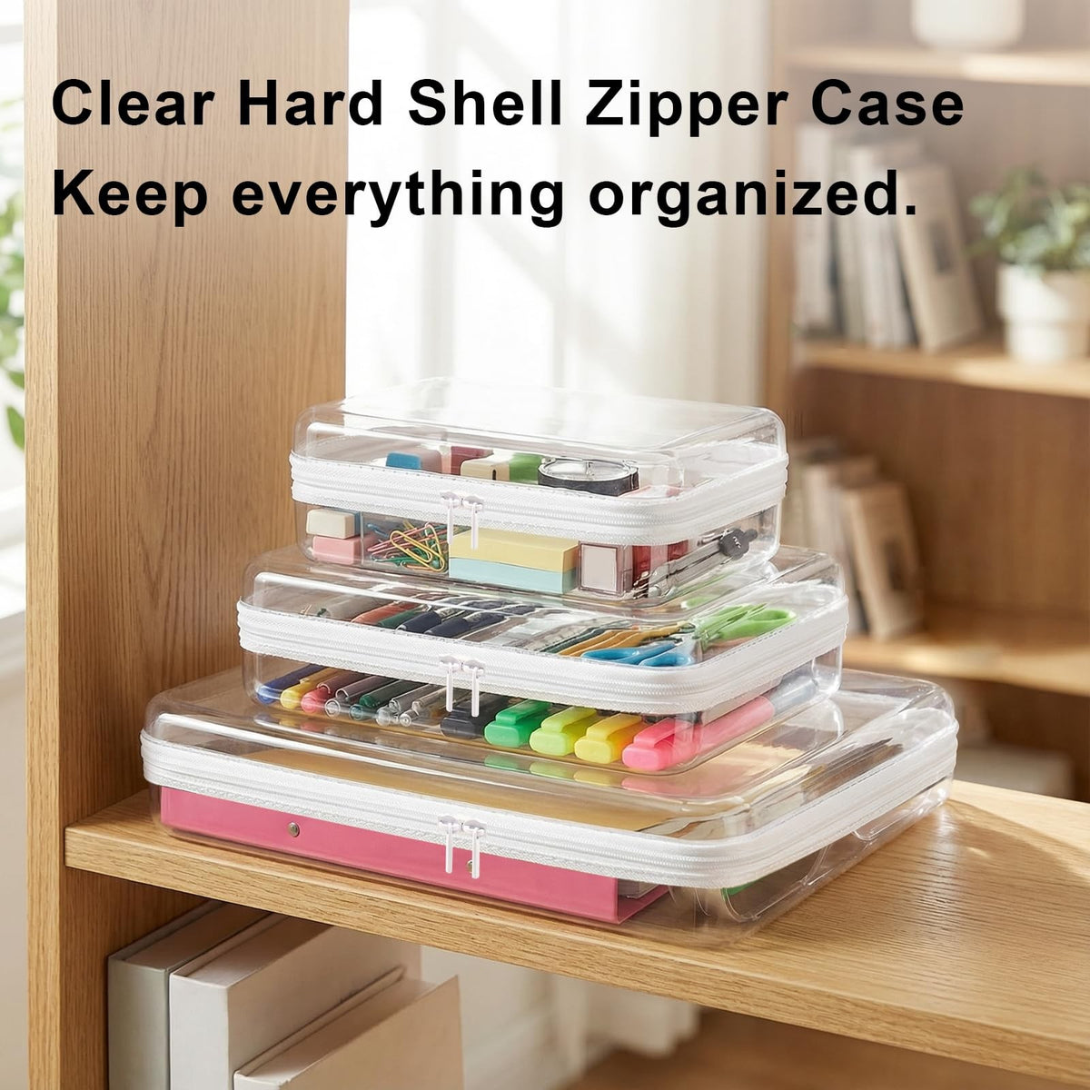 Transparent Waterproof Hard Shell Plastic Zipper Storage Pouches Set 3 Pack