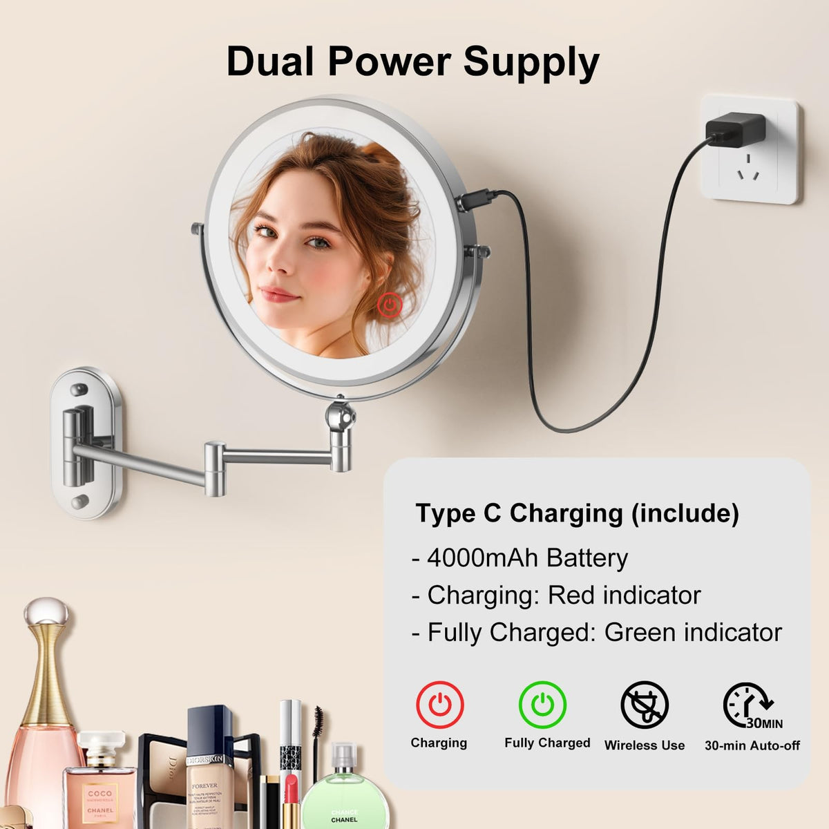 9-Inch Wall Mounted Lighted Makeup Mirror with Rechargeable Battery