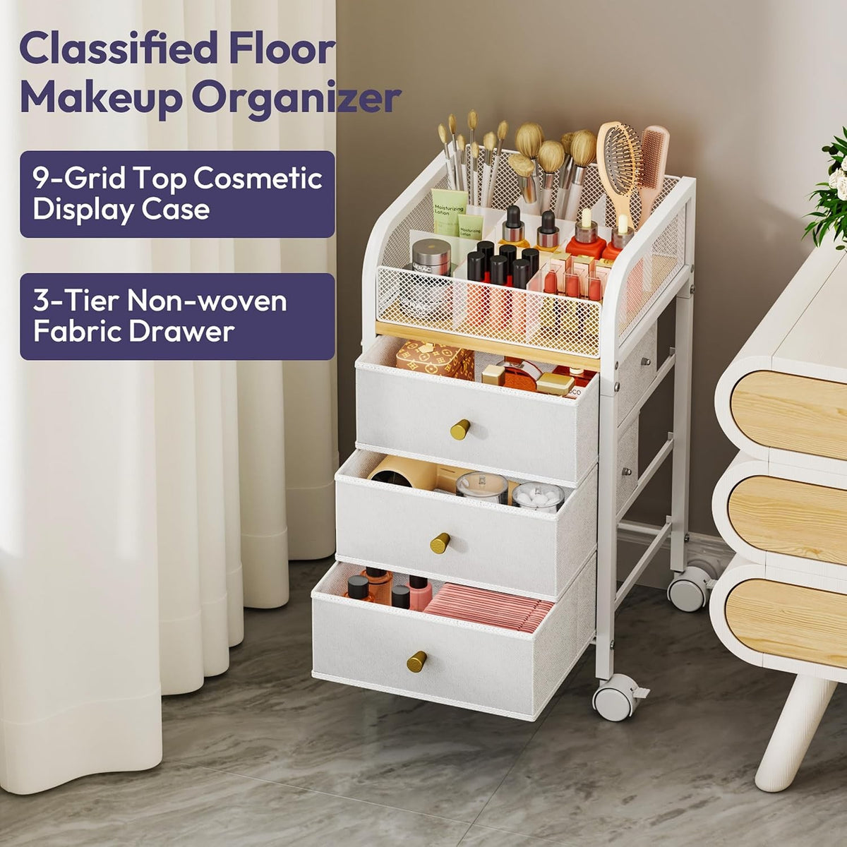 Rolling Makeup Organizer Cart with 3 Non-Woven Drawers Under Desk Storage