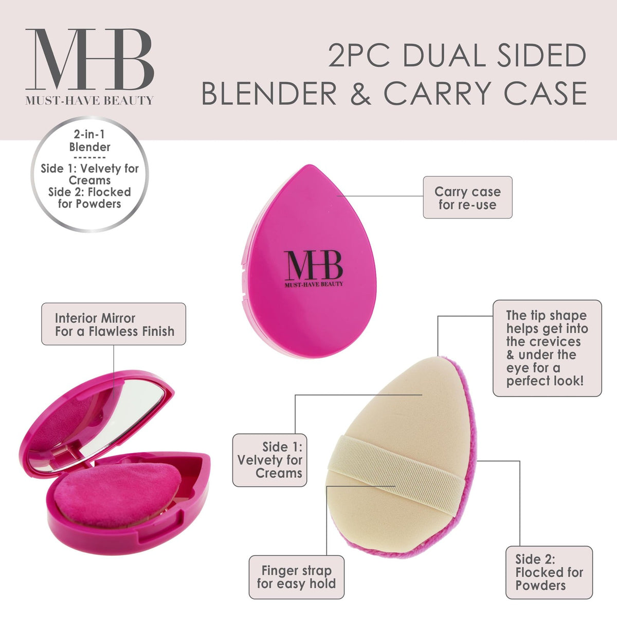 Pink Dual-Sided Makeup Sponge Set with Travel Case & Mirror