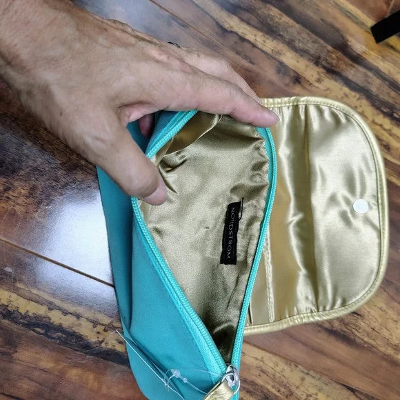 Teal Green Cosmetic Bag with Gold Trim and Snap Closure - Brush Holder