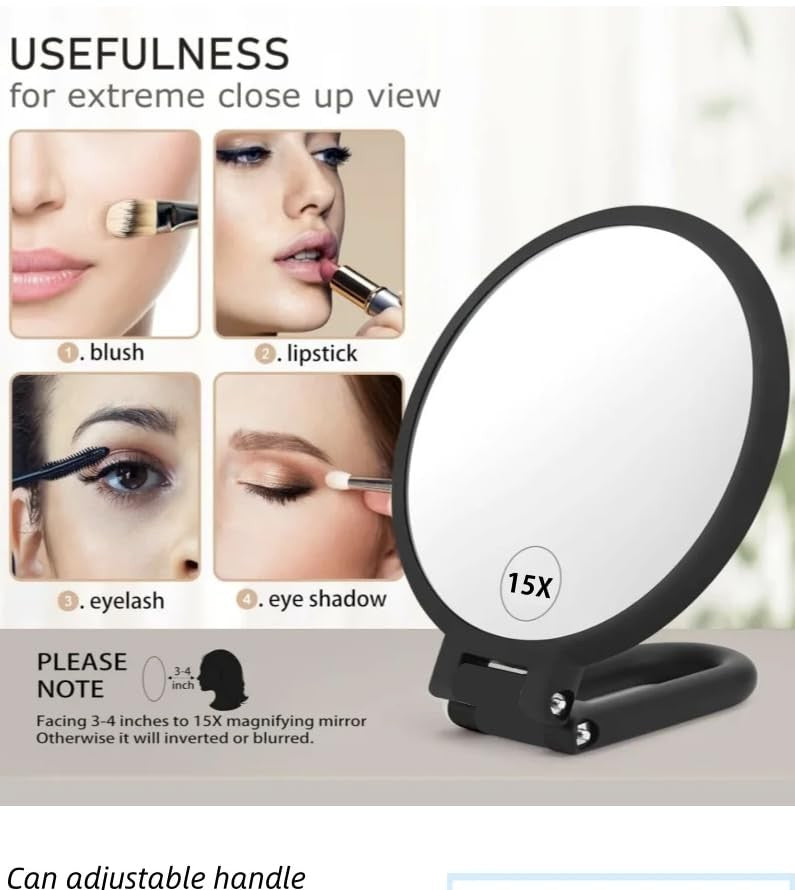 15X Handheld Travel Mirror with Adjustable Rotation Handle Double-Sided Magnifying