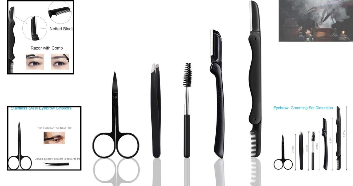 5-in-1 Eyebrow Grooming Kit - Stainless Steel Tweezers, Scissors, Razor