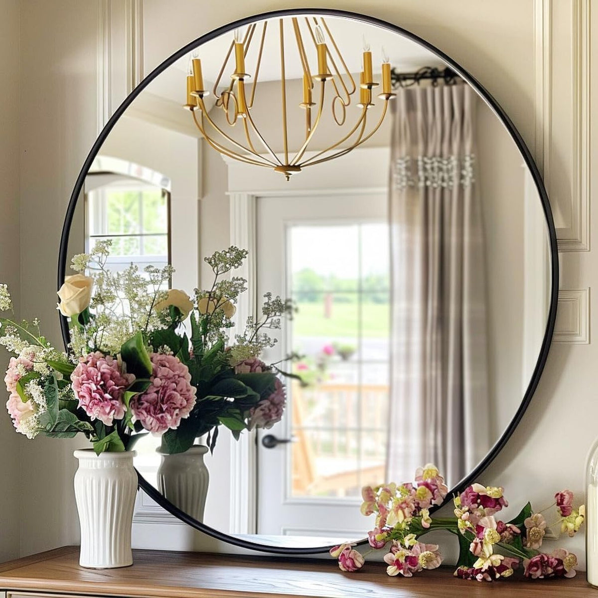 Round Wall Mirror 20 Inch Black Aluminum Frame - Modern Circle Wall Mirror