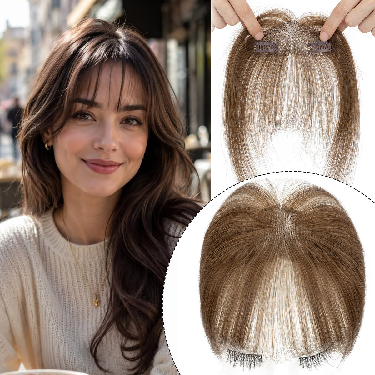 Clip-In Human Hair Bangs Extension with Wispy & French Styles - Natural & Dark Brown