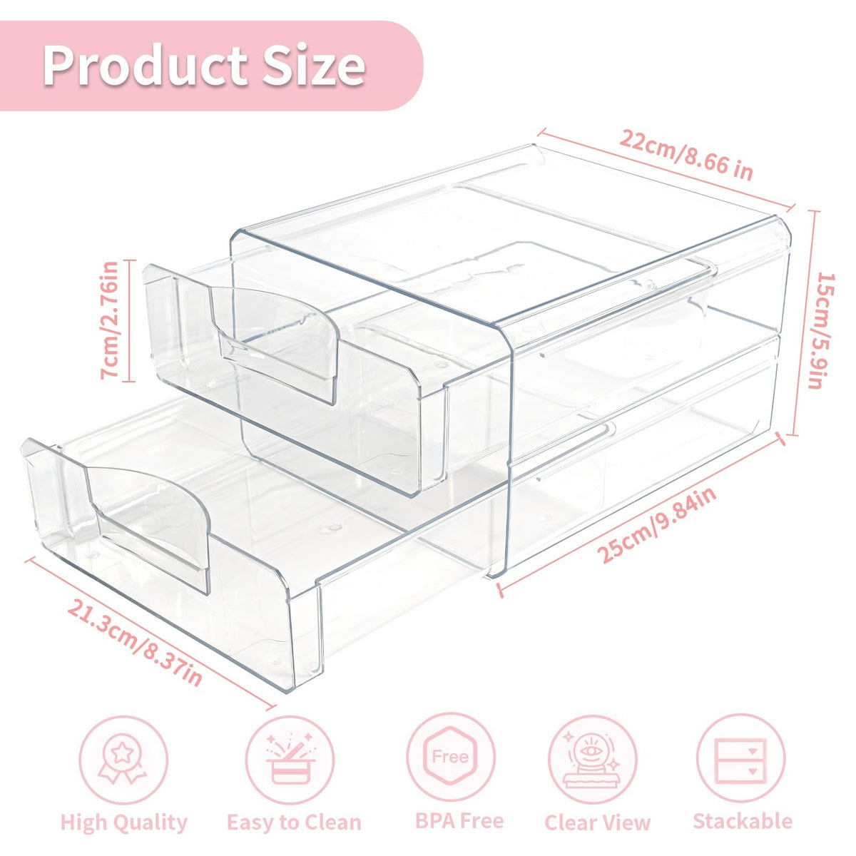 Acrylic Stackable Storage Drawers - Clear Makeup Organizer and Home Storage