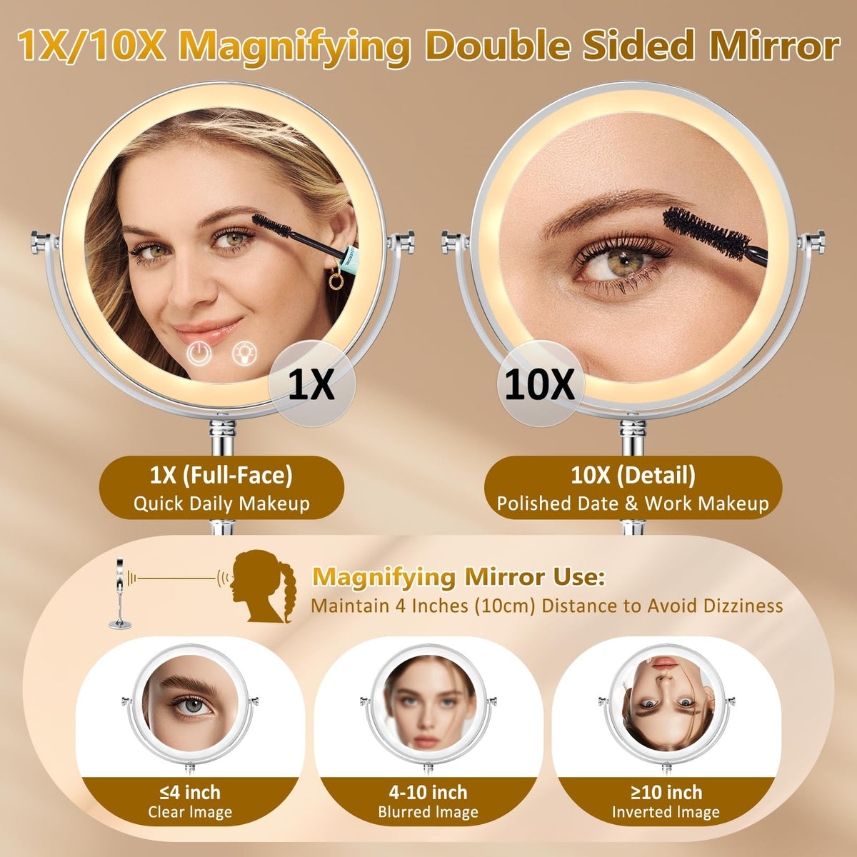 Rechargeable Double Sided Vanity Mirror with Lights 1x/10x Magnification