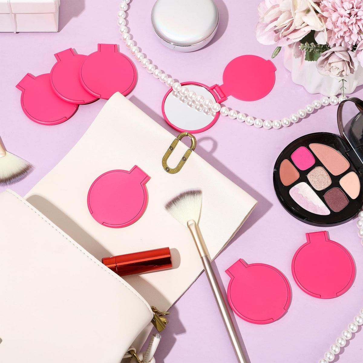 Mini Rose Red Compact Mirror Set - 24 Portable Folding Makeup Mirrors for Women
