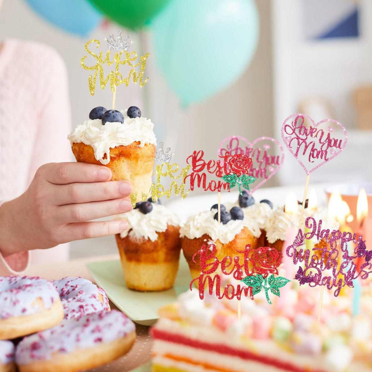 60 Pcs Happy Mother's Day Cupcake Toppers Glitter Cake Decorations - Multicolor