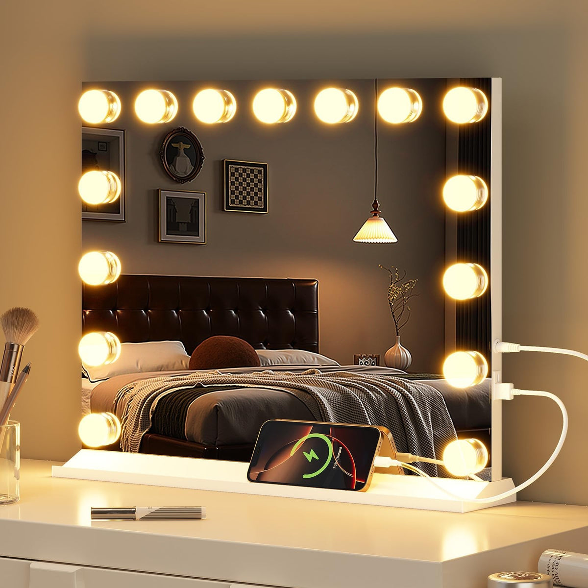 LED Hollywood Vanity Mirror with Lights & 5X Magnifier, USB-C Charging