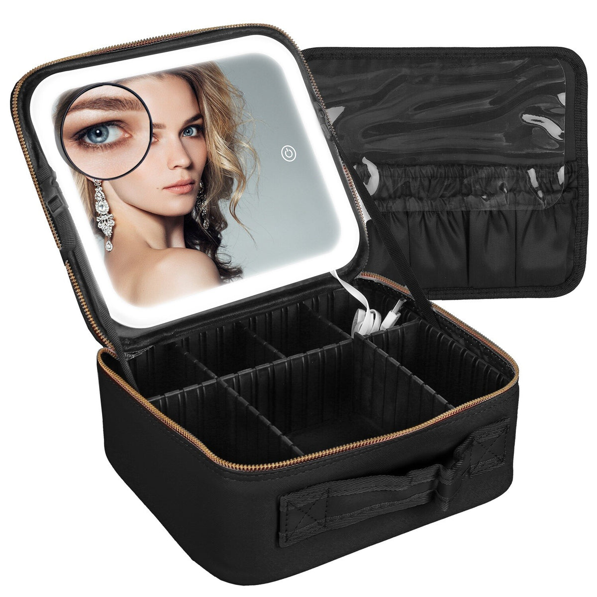 Travel Makeup Bag with LED Mirror and Adjustable Compartments Organizer