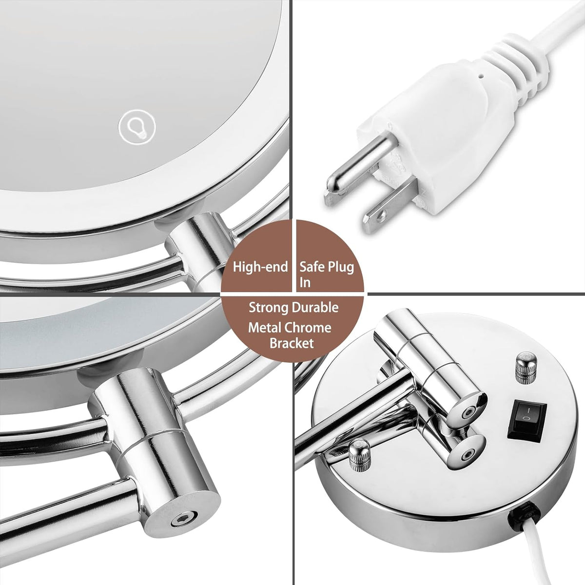 8-Inch Wall Mounted Lighted Makeup Mirror with 10X Magnification and LED Lighting