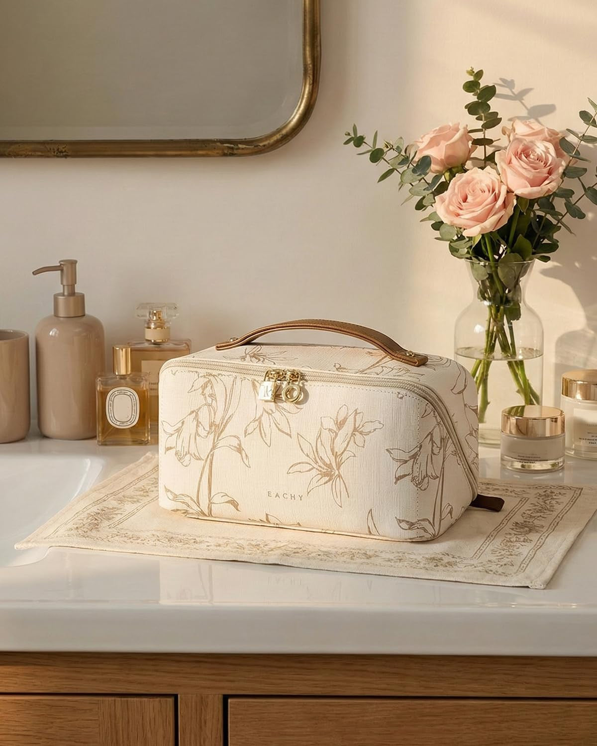 Travel Makeup Bag with Water-Resistant PU Leather, Floral Design, Medium Size