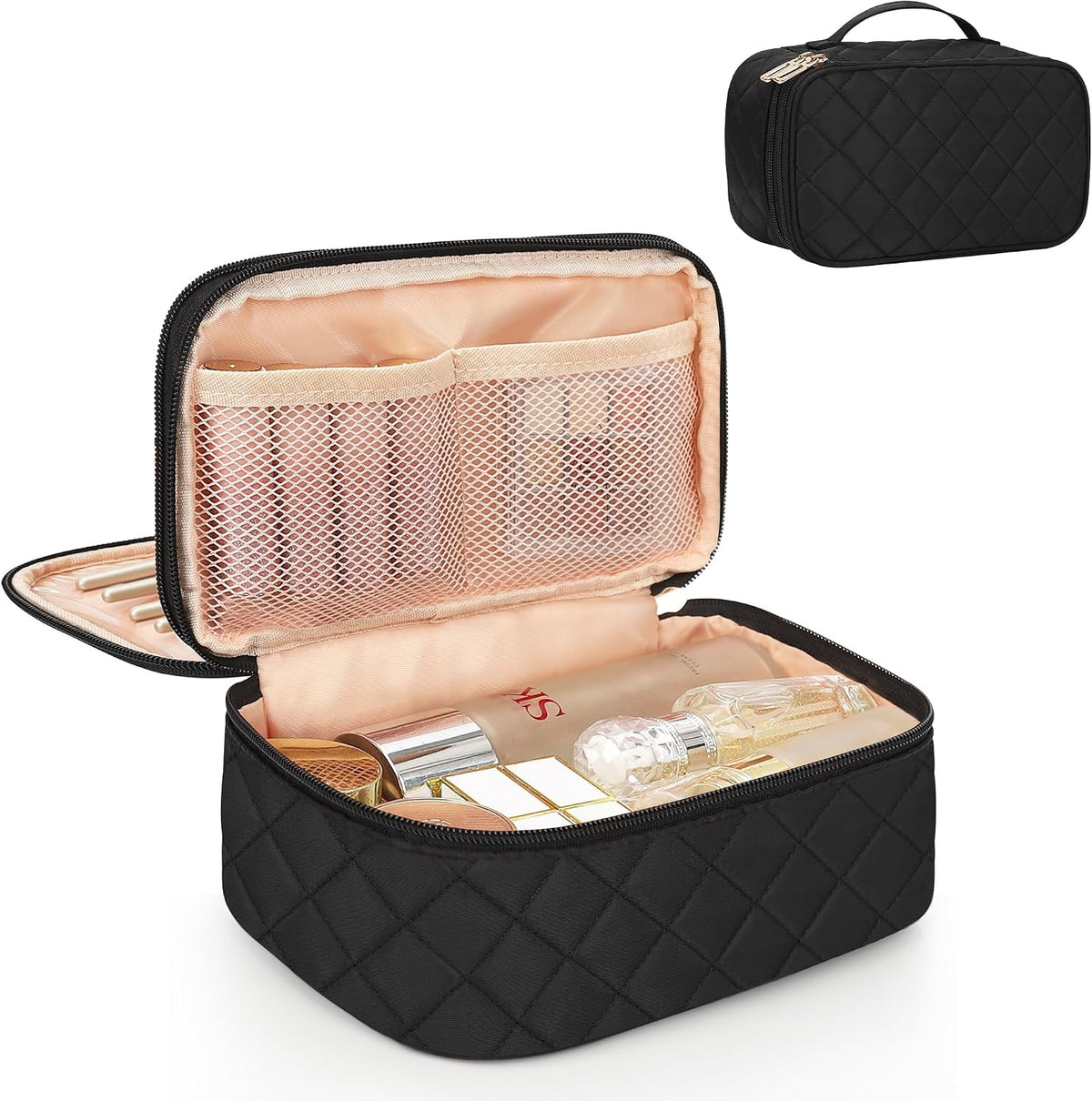Small Travel Makeup Bag with Double Layer Organizer, Waterproof & Portable