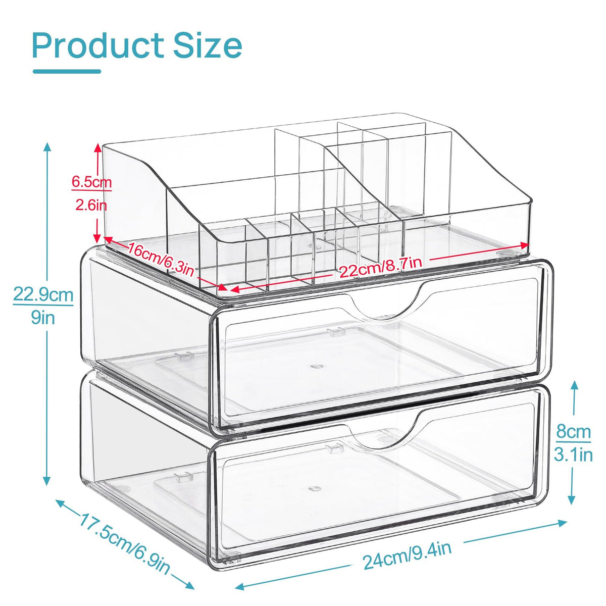 3 Tier Clear Makeup Organizer with Drawers for Cosmetics & Skincare